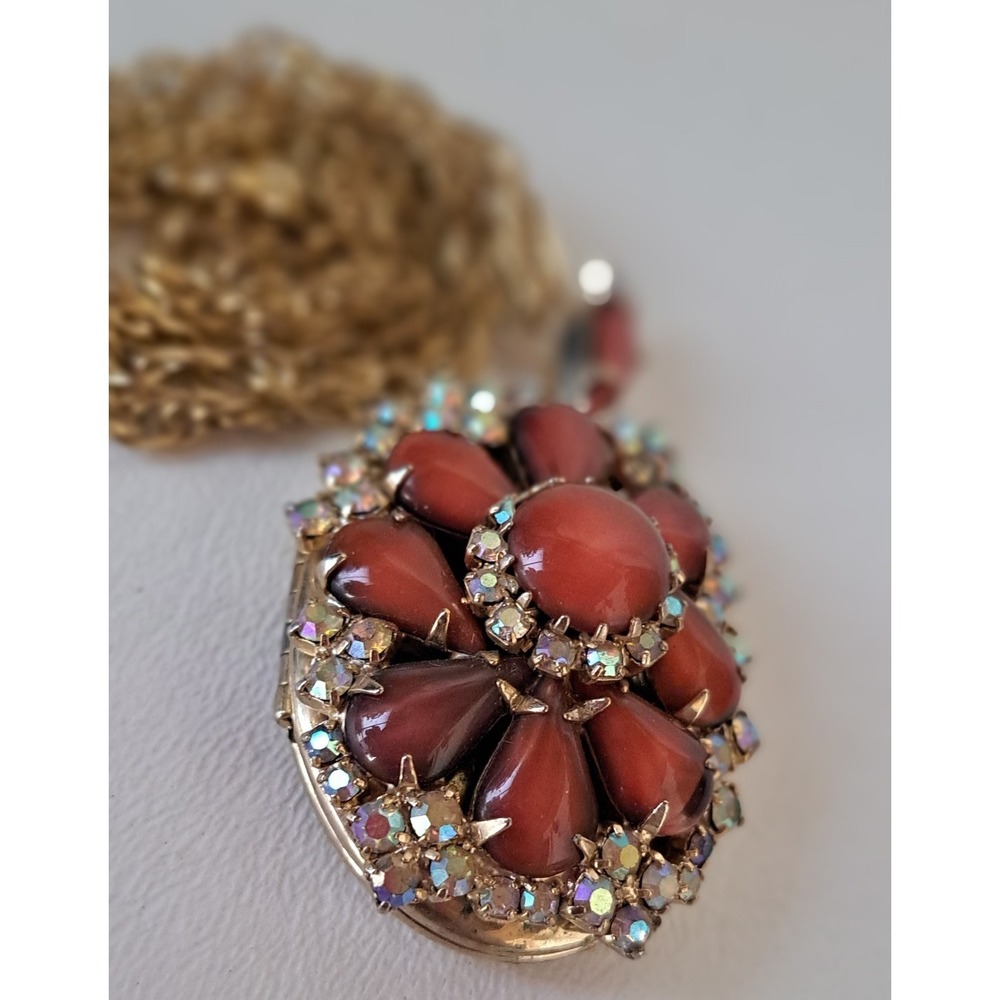 Vintage Photo Locket Necklace Faux Coral Orange Aurora Borealis Crystal